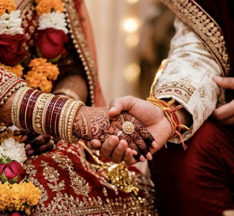 The couple's hands joined at the mandap, among marigolds